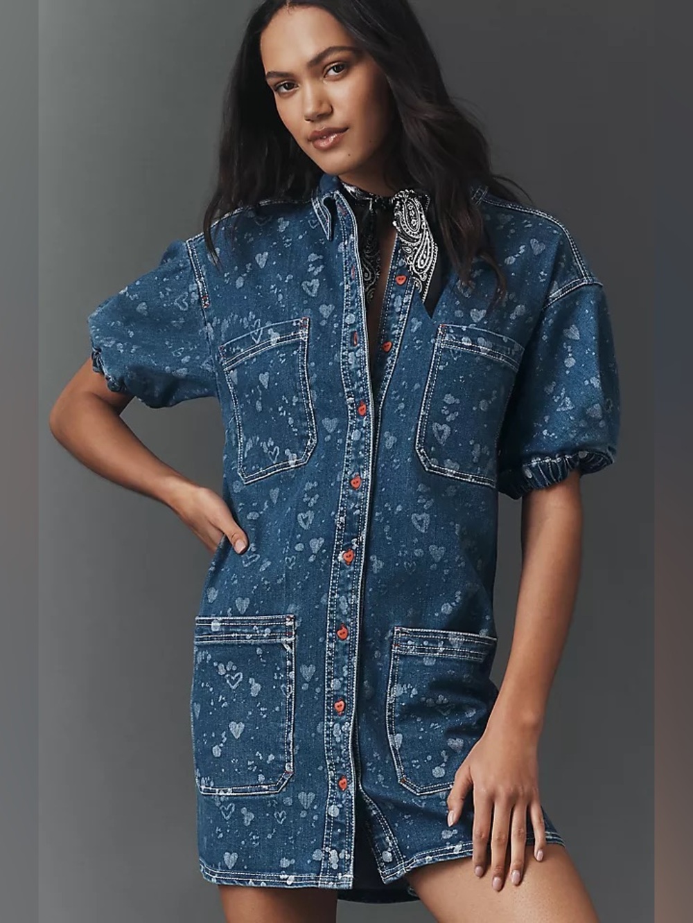 Pilcro Blue Denim Mini Dress with Heart Print